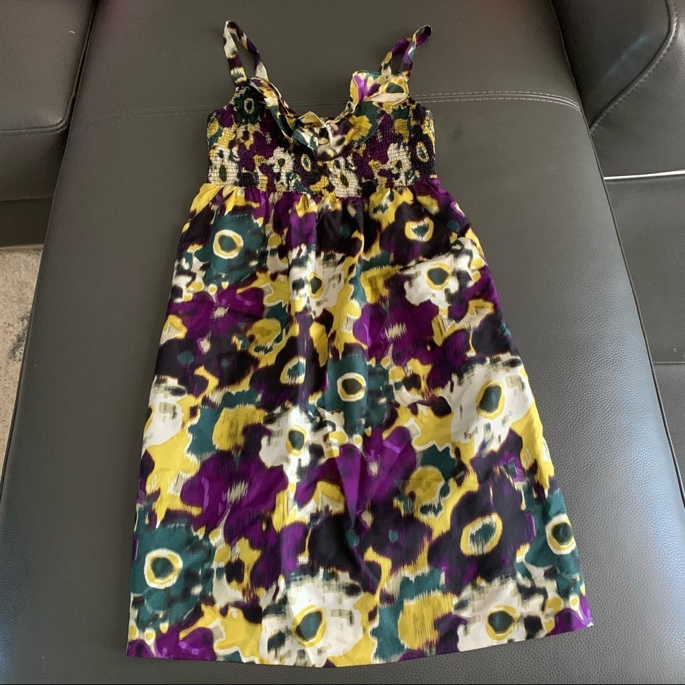 Anthropologie Maeve Smocked Ruffle Purple Print Silk dress Size XS